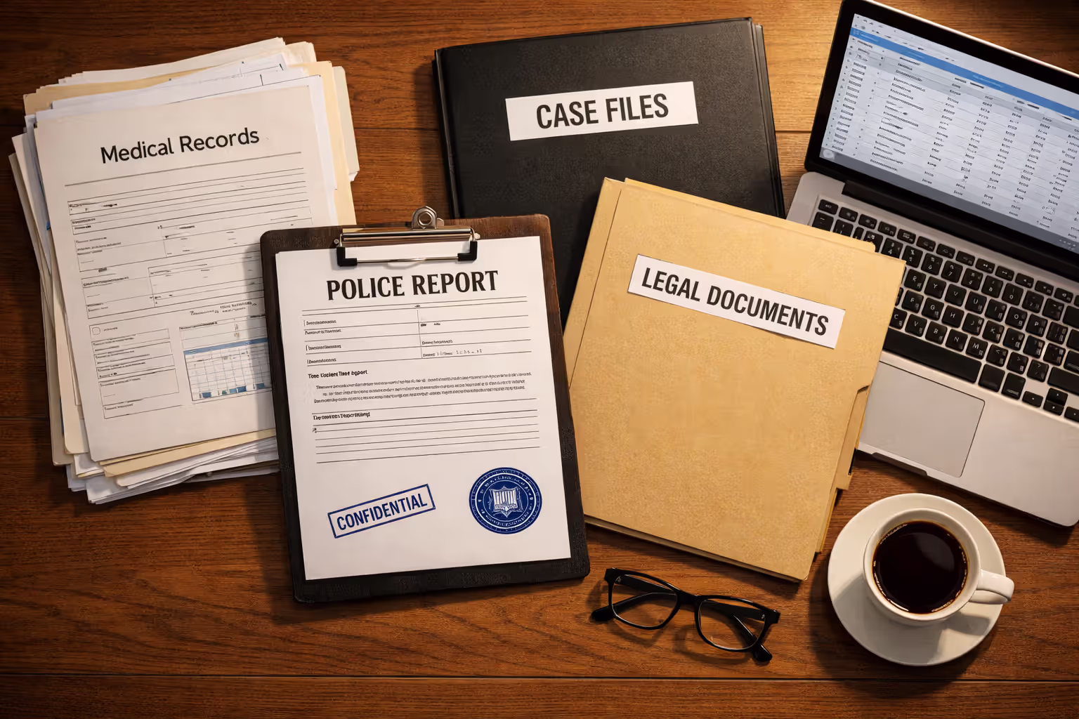 Top-down view of a lawyer desk with medical records, police report, laptop with data spreadsheet, glasses, and coffee cup during truck accident case investigation