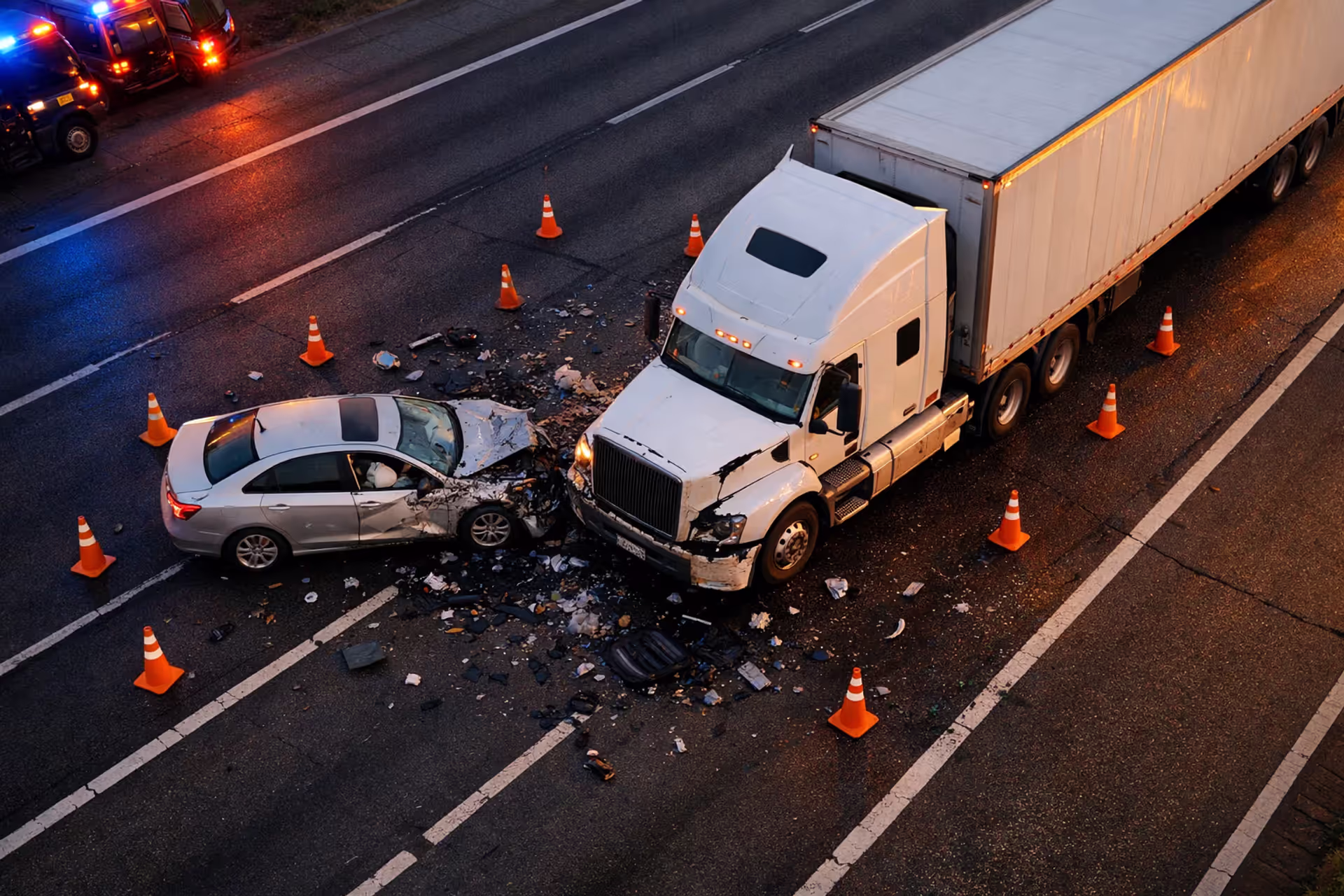 Aerial view of a severe highway collision between a silver passenger car and a large white semi-truck with emergency cones and debris on the road