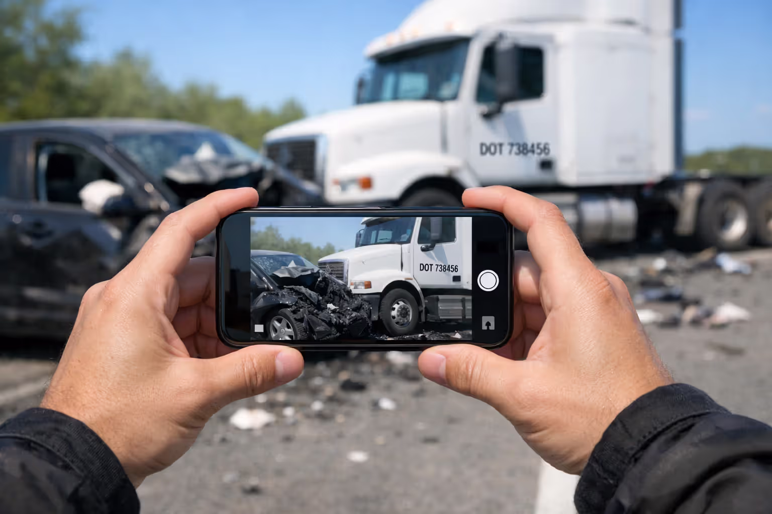 First-person view of hands holding a smartphone photographing a truck accident scene with vehicle damage and DOT number visible on screen