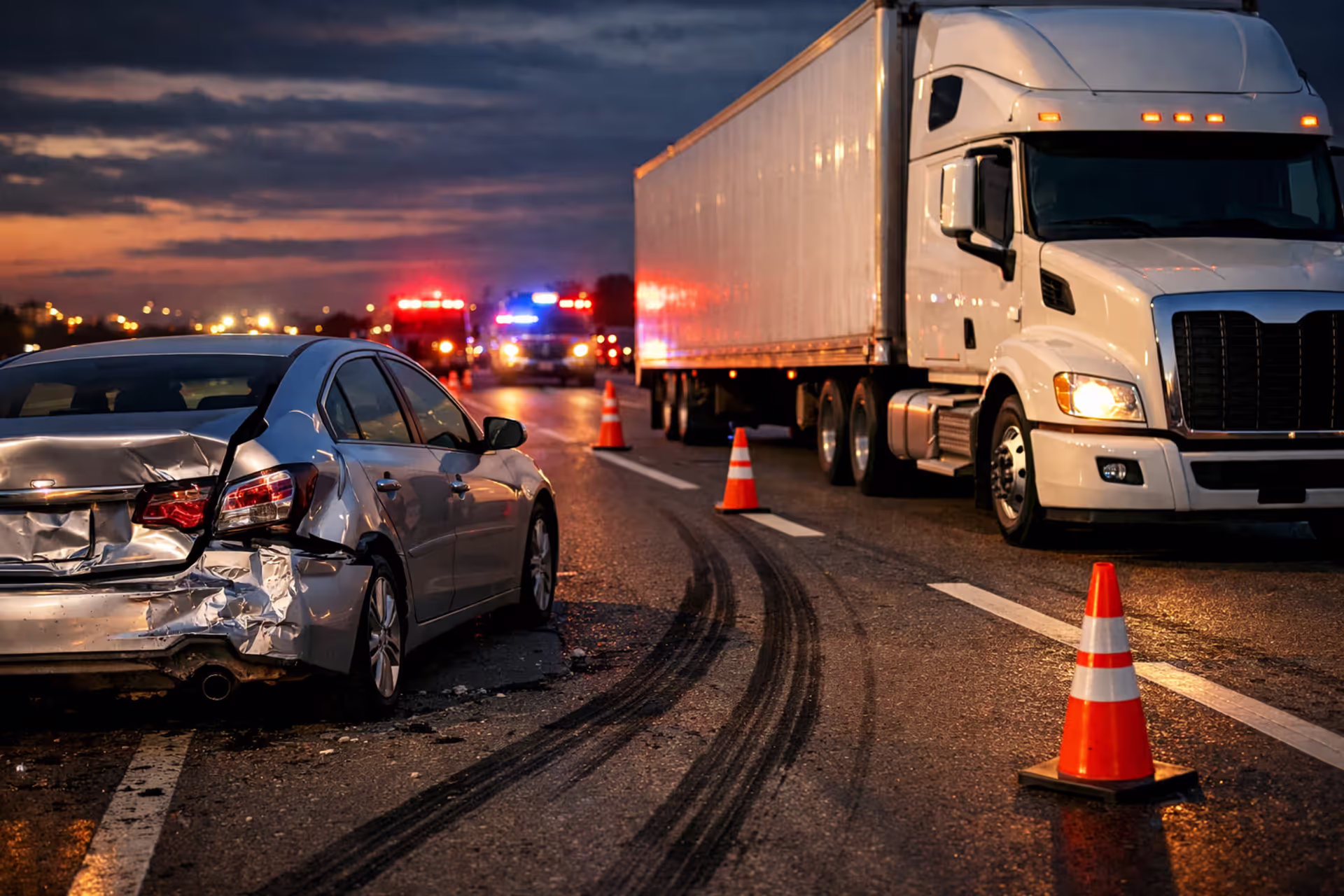 Damaged silver car next to a large white semi-truck on a highway at dusk with emergency lights and orange traffic cones