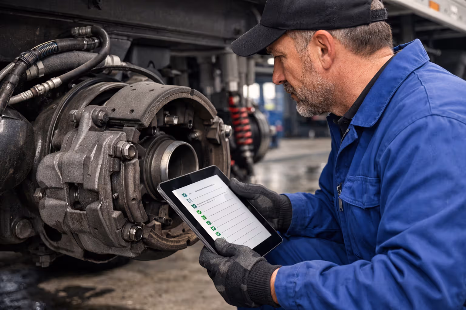 Mechanic in blue coveralls inspecting brake system components of a semi-trailer truck in a repair shop while holding a digital inspection checklist