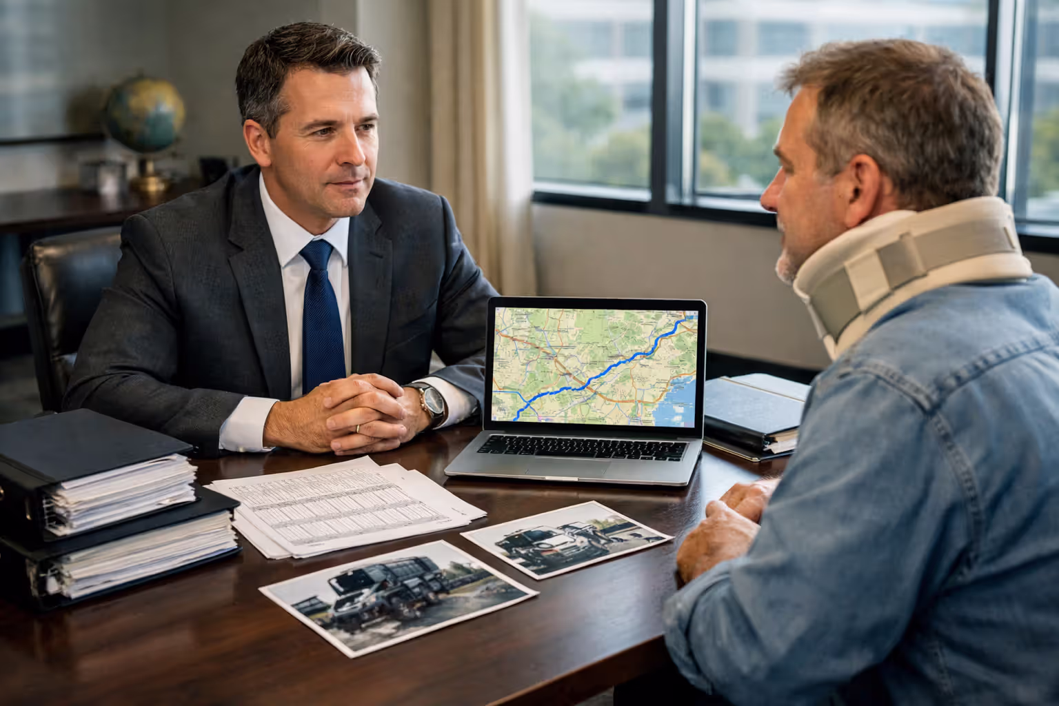Personal injury attorney reviewing truck accident case documents and electronic logging device records with an injured client wearing a neck brace in a law office conference room