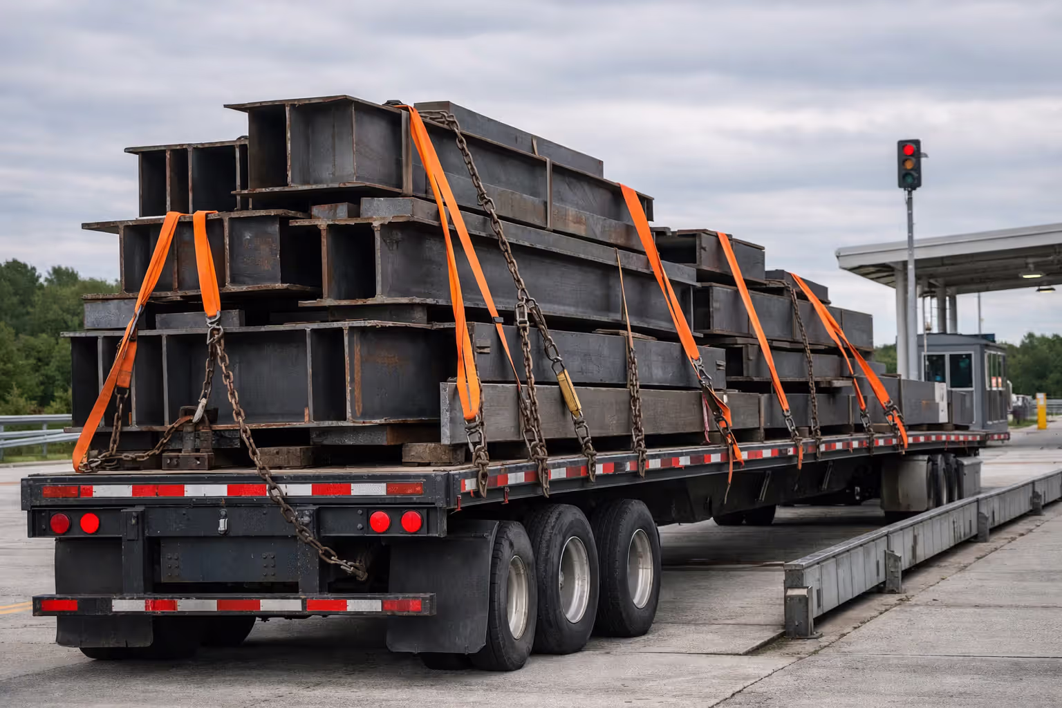 Unevenly loaded flatbed trailer with loose cargo straps at a highway weigh station
