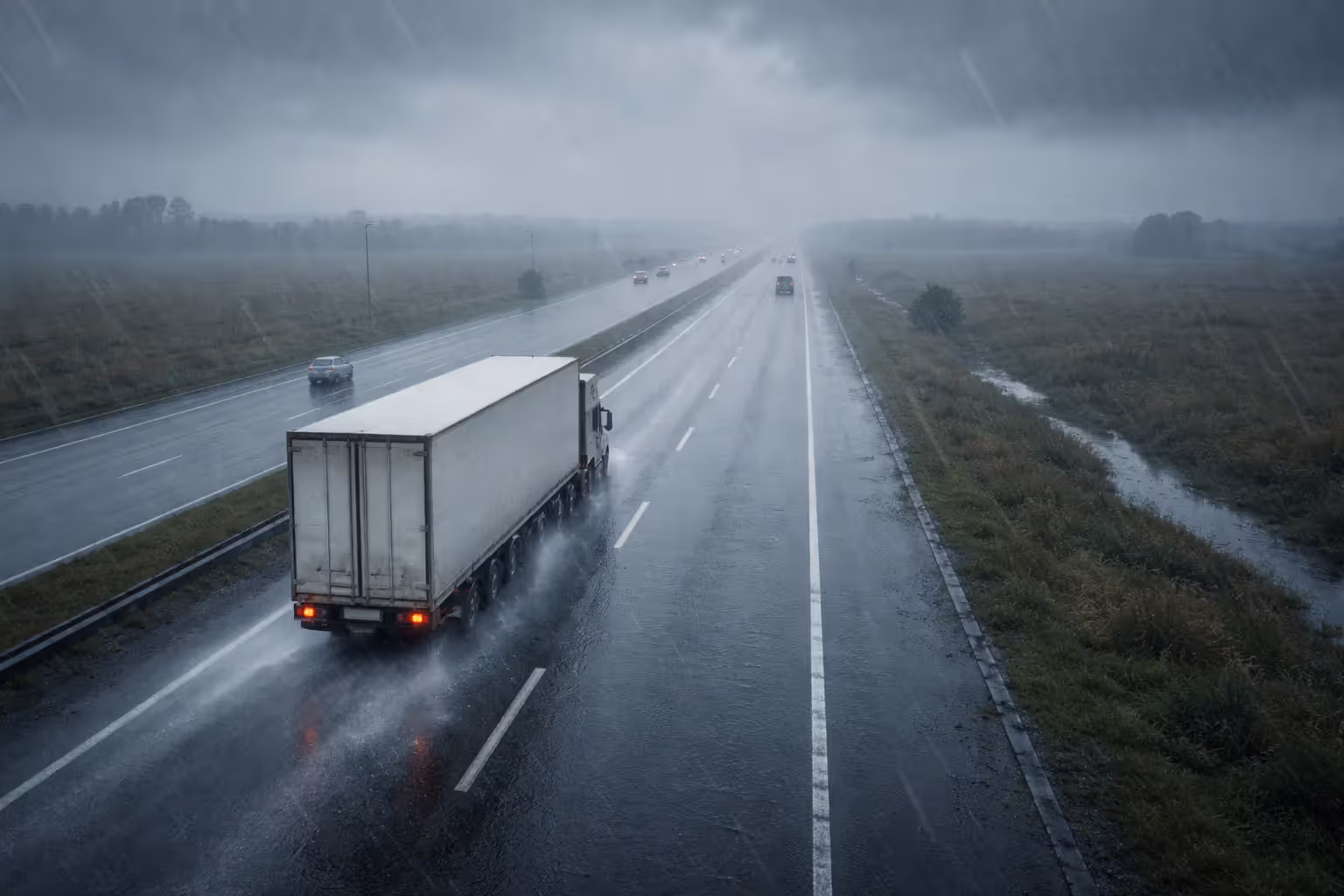 Semi-truck driving through heavy rainstorm on a wet highway with reduced visibility and spray from tires