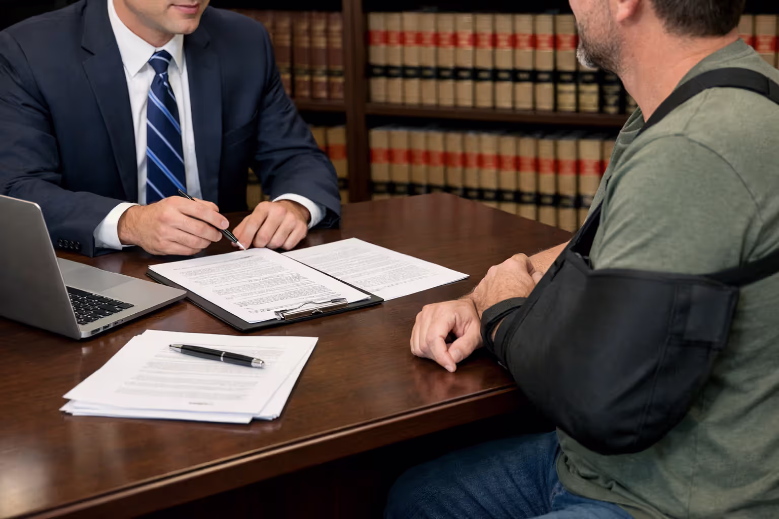 Attorney consulting with injured client about legal documents in a professional law office