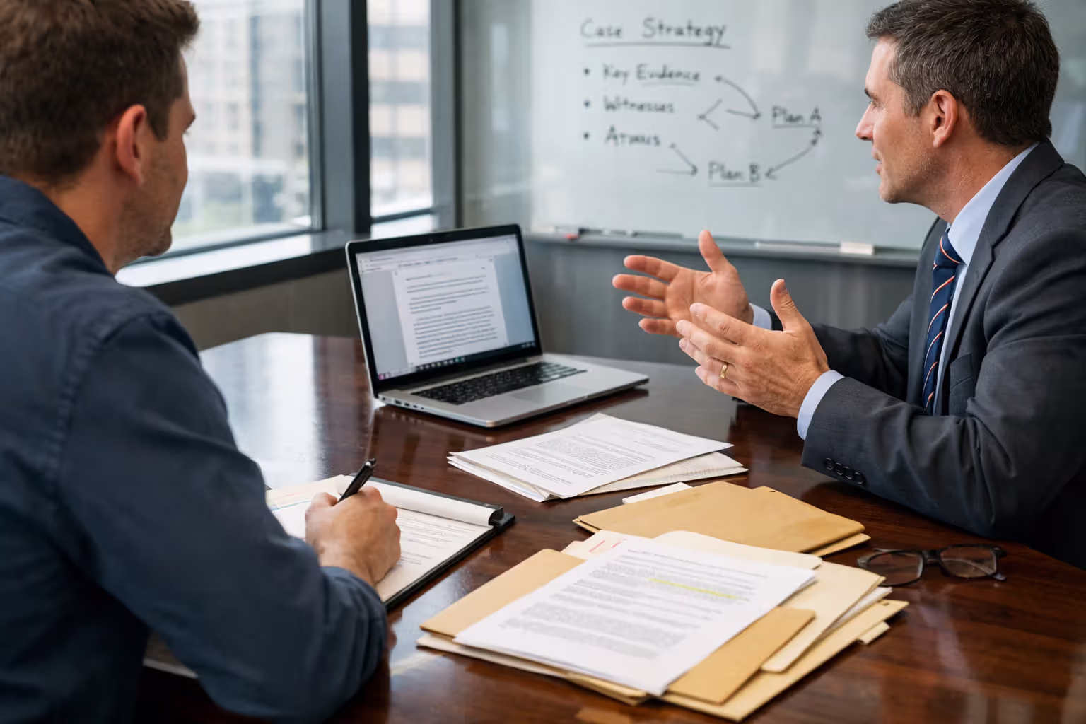 Potential client taking notes while consulting with an attorney about case strategy in a modern law office