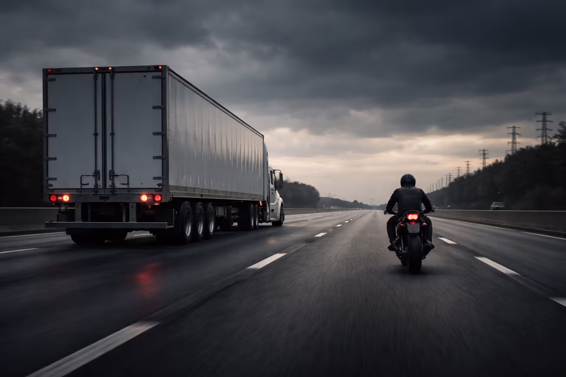 Motorcycle riding next to a large semi-truck on a highway showing extreme size disparity between vehicles