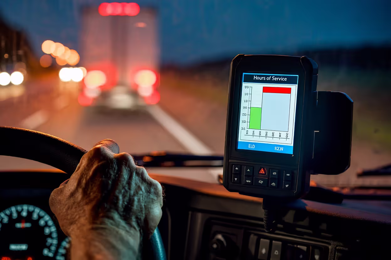 Electronic logging device screen inside truck cab showing hours of service violation with driver hand on steering wheel at night