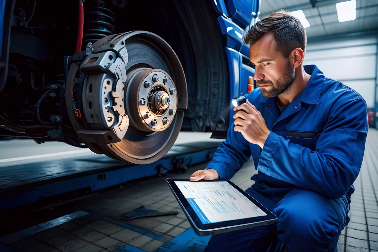 Mechanic inspecting heavily worn brake pads on commercial truck wheel inside maintenance garage with inspection checklist nearby