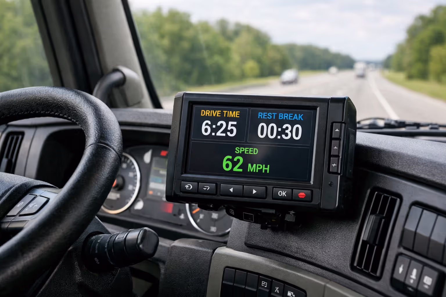 Electronic logging device ELD mounted on a truck dashboard displaying driving hours rest time and speed data with steering wheel and road visible through windshield