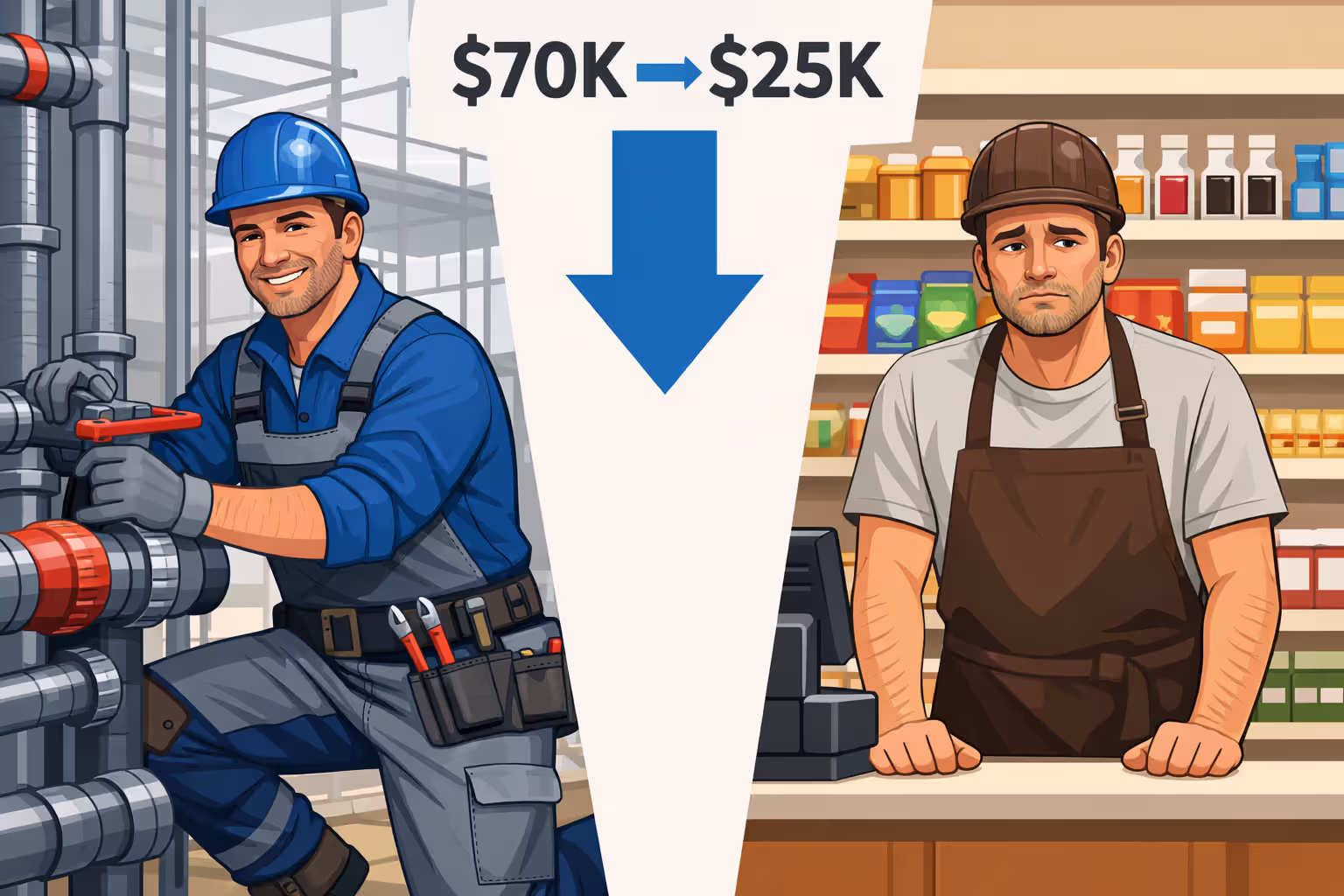 Split-screen comparison showing plumber earning 70K before accident versus retail worker earning 25K after injury