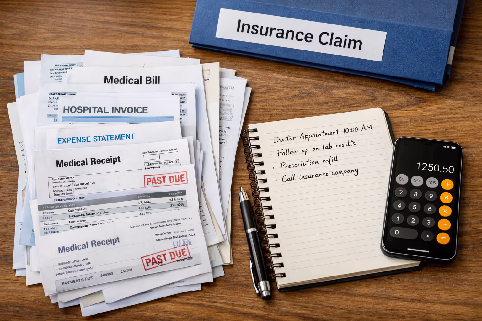 Top-down view of desk with medical bills, handwritten notes, smartphone calculator, and insurance claim folder