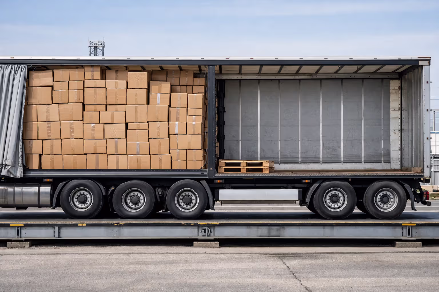Side view of semi-trailer with unevenly distributed cargo showing visibly overloaded tires on one side compared to the other at a weigh station