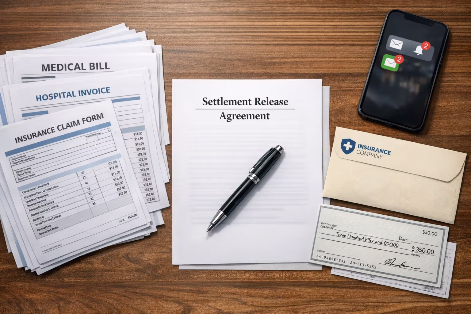 Top-down view of desk with medical bills, settlement release document, insurance company envelope, and small check representing a lowball settlement offer
