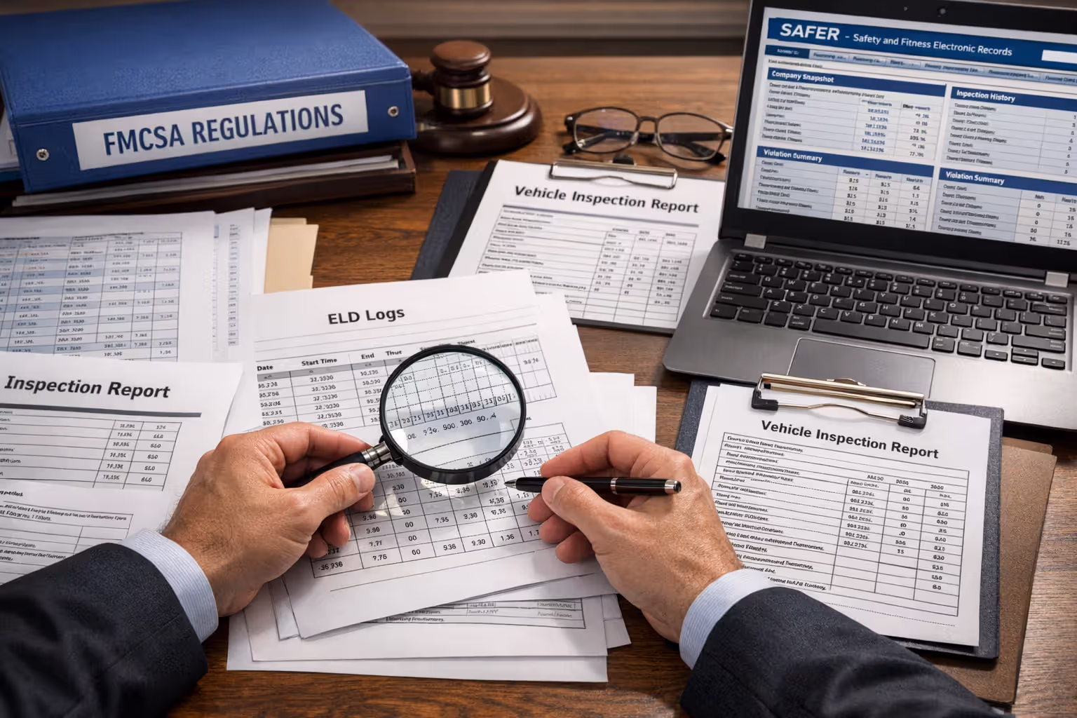 Attorney reviewing FMCSA compliance documents, electronic logging device printouts, and truck inspection records at a law office desk