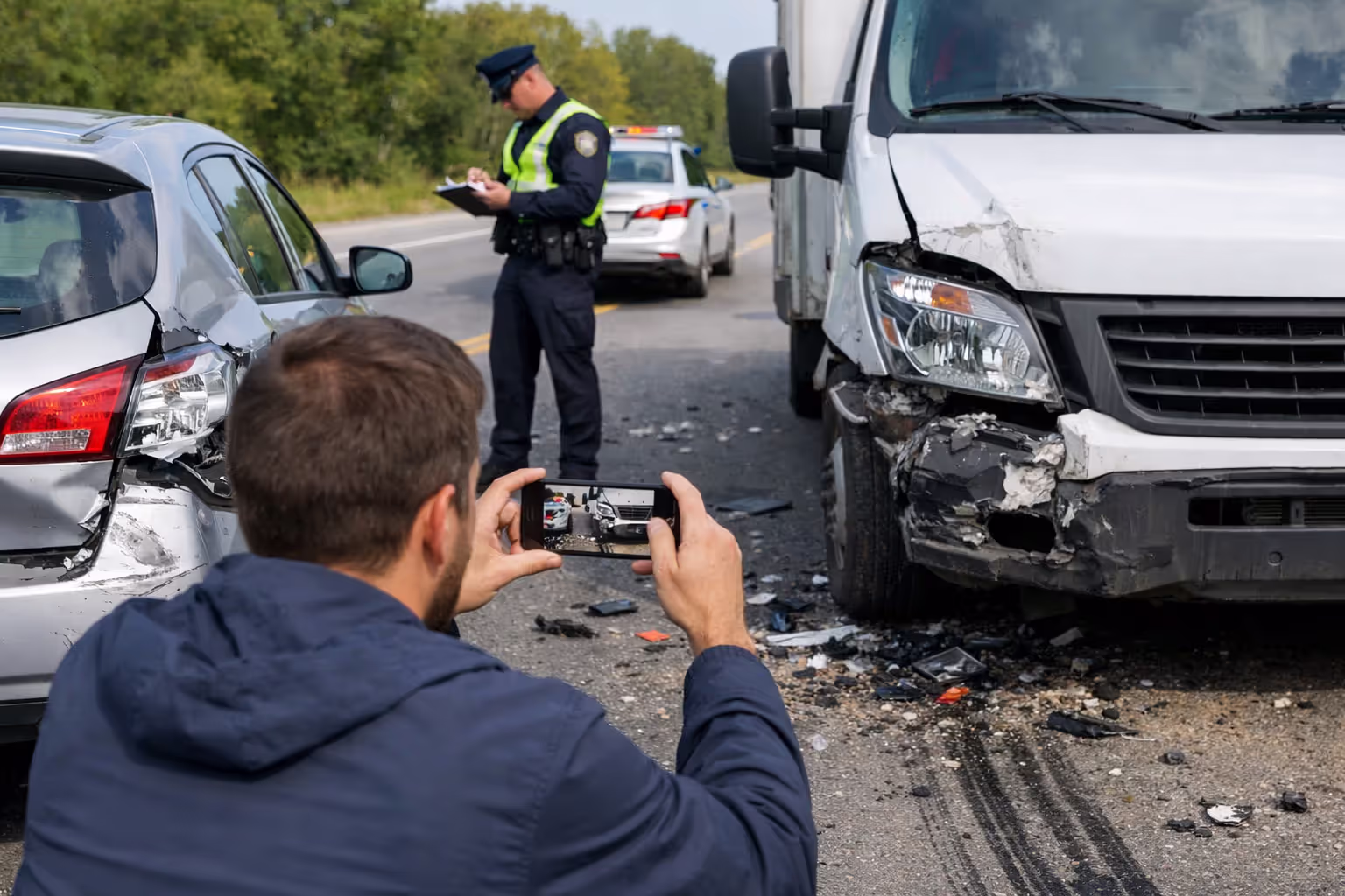 Person documenting truck accident scene with smartphone, photographing vehicle damage, skid marks, and debris while police officer writes report nearby
