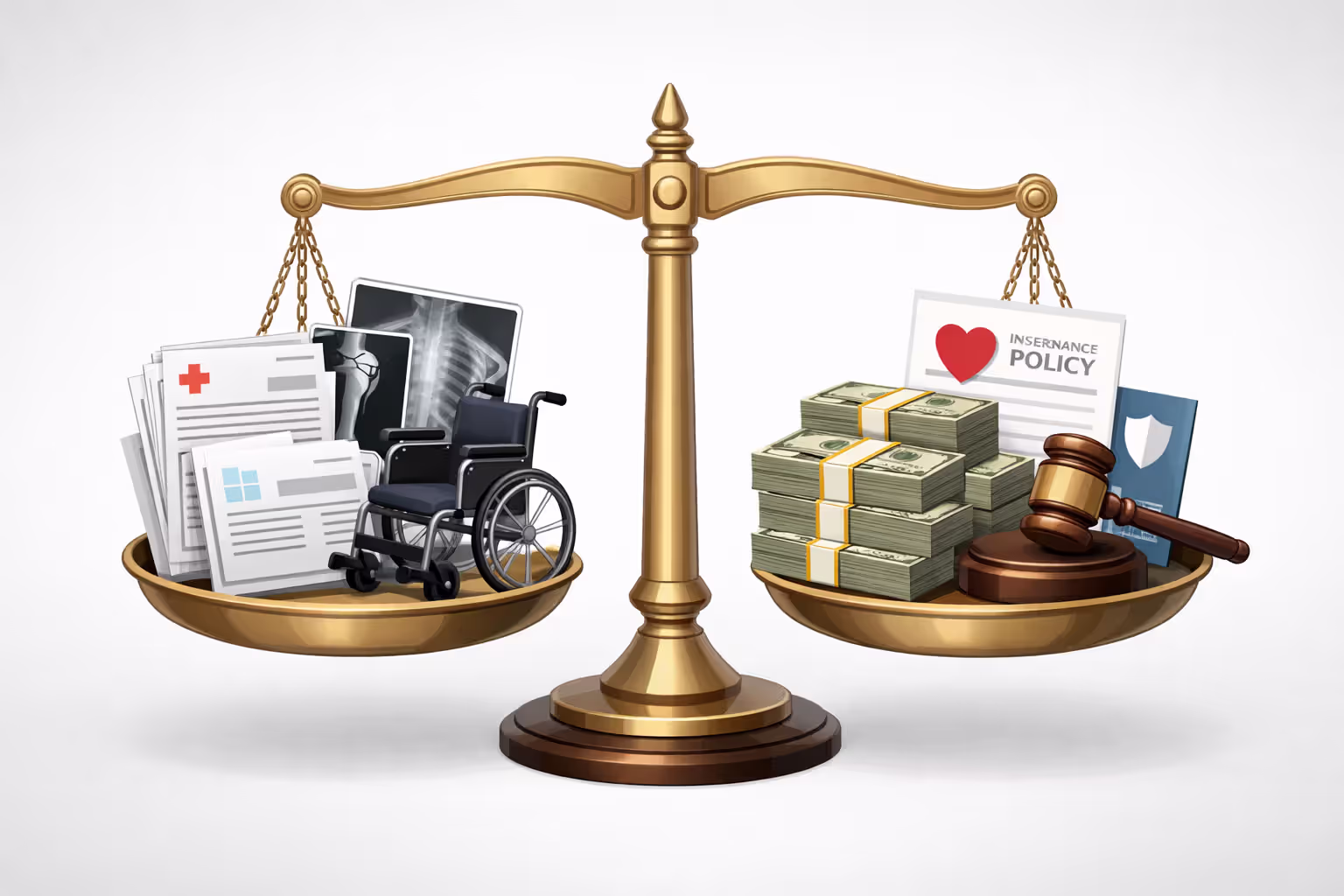 Scales of justice balancing medical bills, X-rays, and wheelchair against money, insurance policy, and gavel representing truck accident settlement valuation
