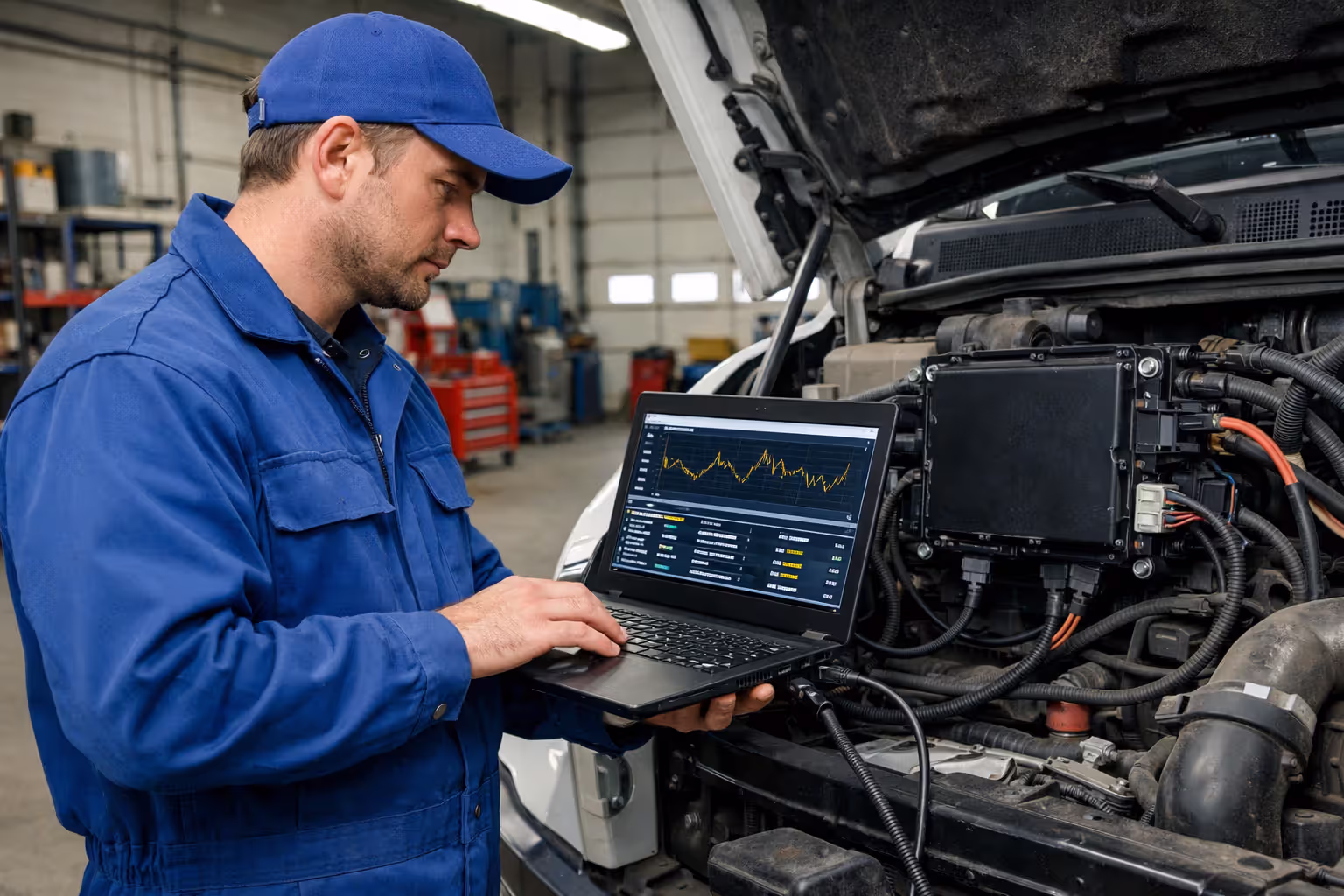 Technician connecting laptop to truck electronic control module ECM to extract crash data in repair facility