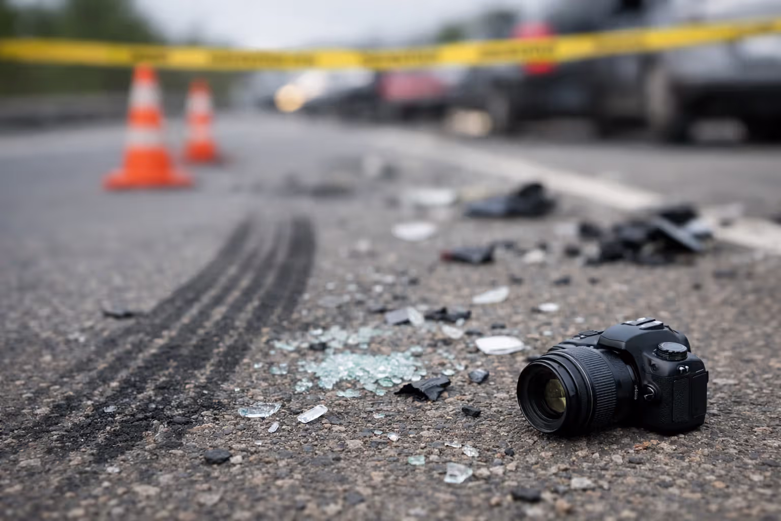 Highway crash scene with skid marks debris field and evidence documentation equipment on asphalt