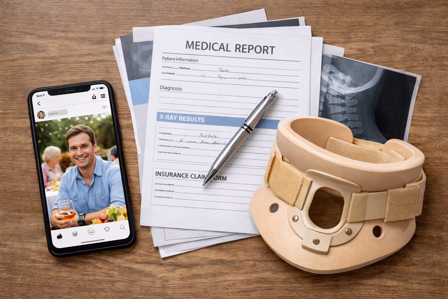 Smartphone showing social media happy photo next to medical documents and neck brace on table illustrating insurance surveillance risk
