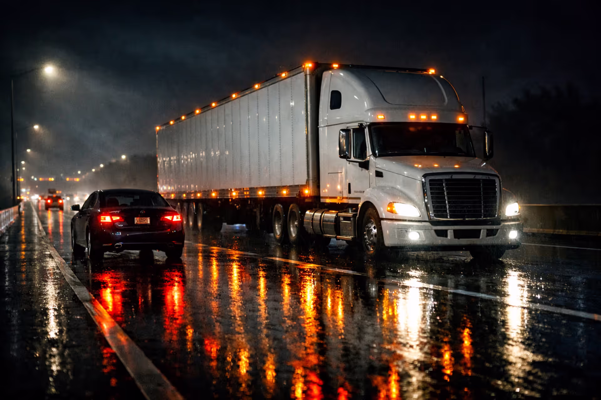 Large semi-truck and small passenger car driving side by side on a wet highway at dusk showing dramatic size difference between commercial truck and sedan