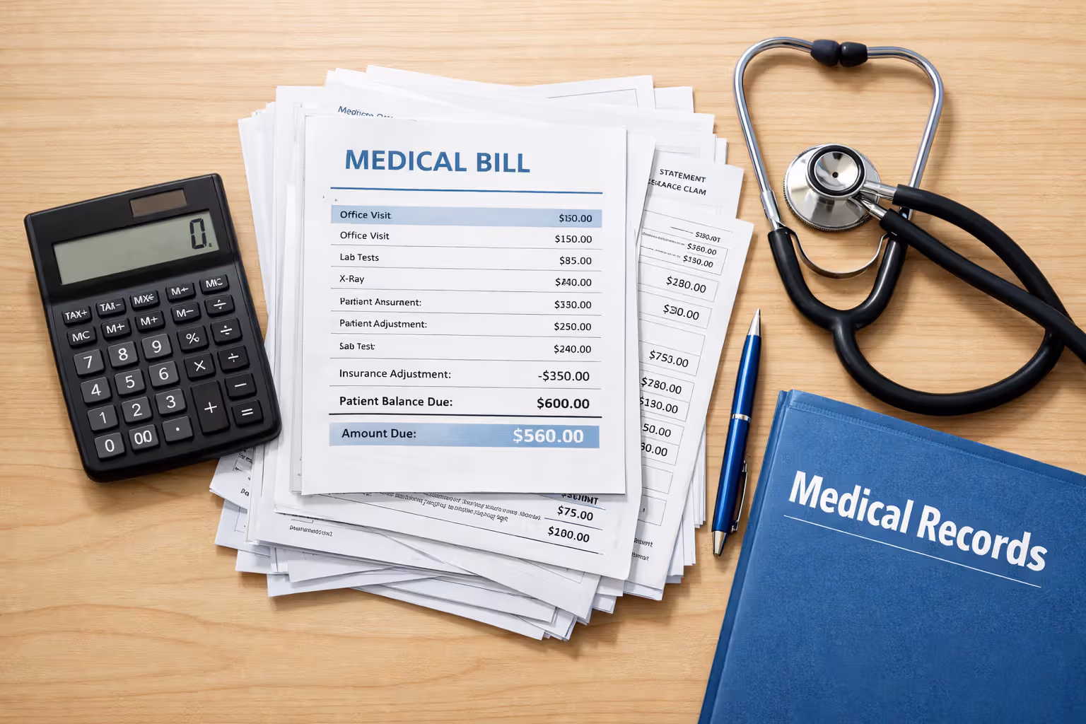 Stack of medical bills and calculator on desk representing truck accident settlement costs