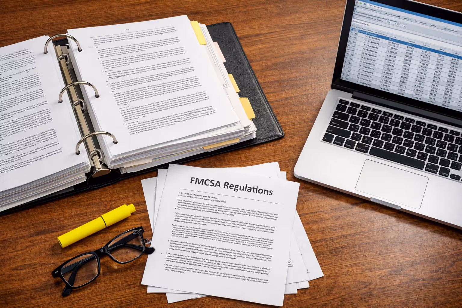 Open legal binder with FMCSA regulation documents, highlighter, reading glasses, and laptop on a wooden office desk
