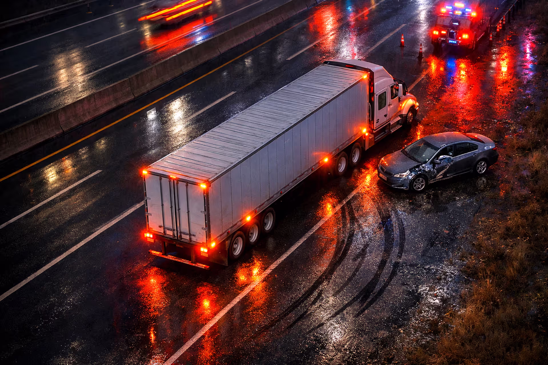 Aerial view of a nighttime highway scene showing a semi-truck stopped near a damaged passenger car with emergency lights reflecting on wet pavement