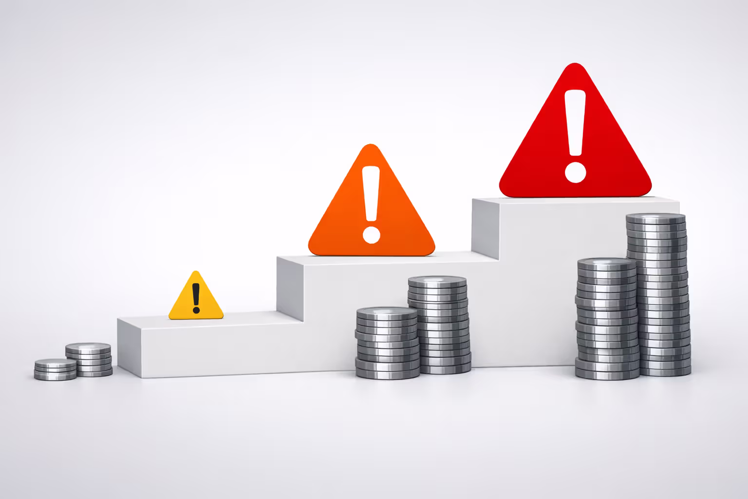Three ascending steps illustrating escalating levels of negligence from ordinary to gross to reckless with increasing monetary penalty symbols