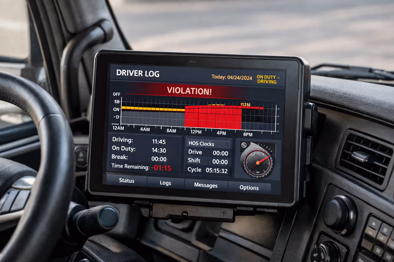 Electronic logging device screen inside truck cab showing hours-of-service violation data