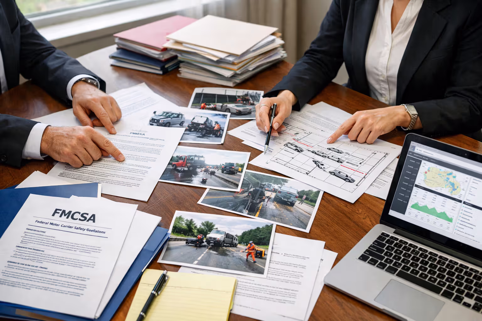Attorneys reviewing FMCSA regulations and truck accident reconstruction documents at law office desk