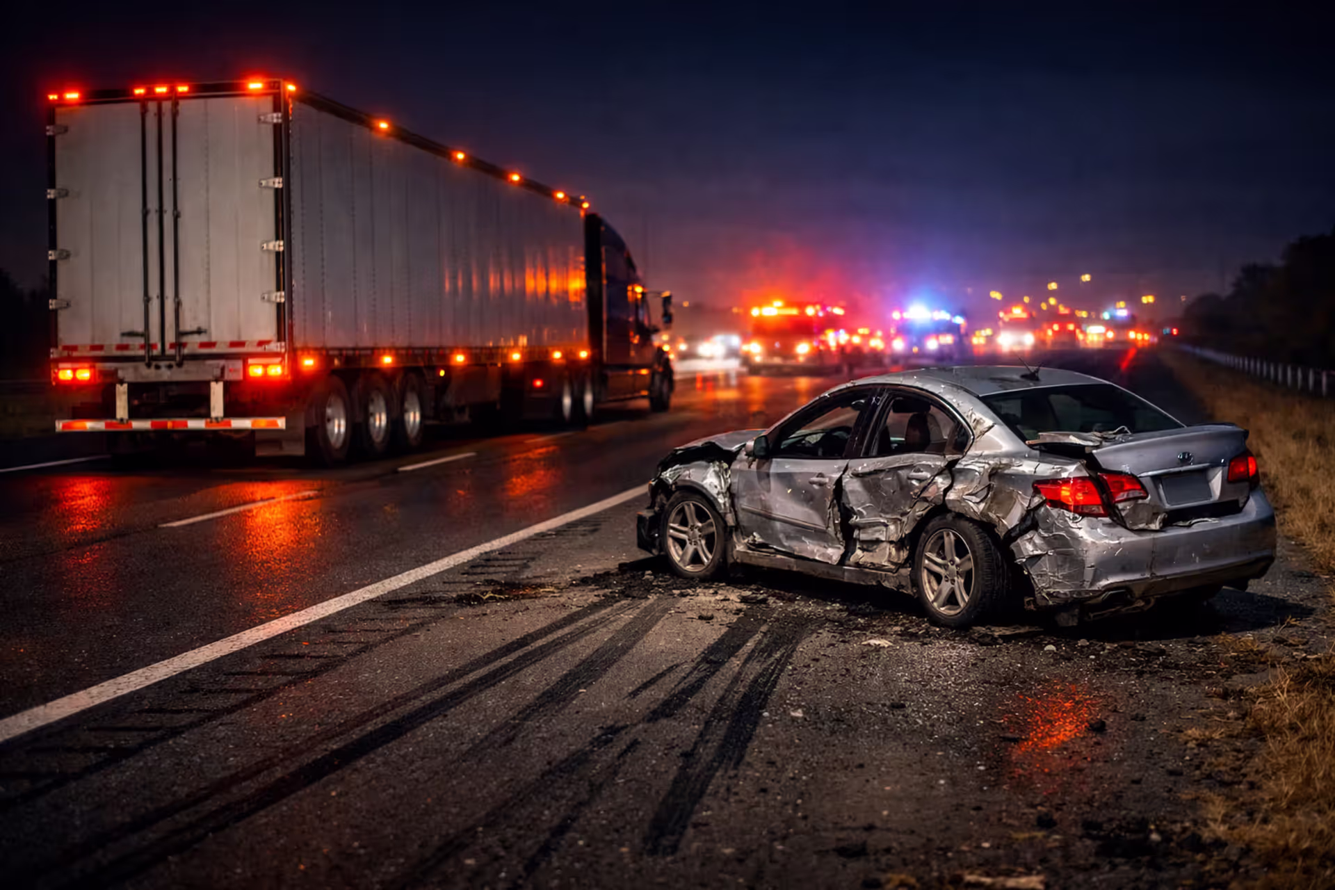 Damaged silver sedan next to an 18-wheeler semi truck on highway shoulder with emergency lights at dusk