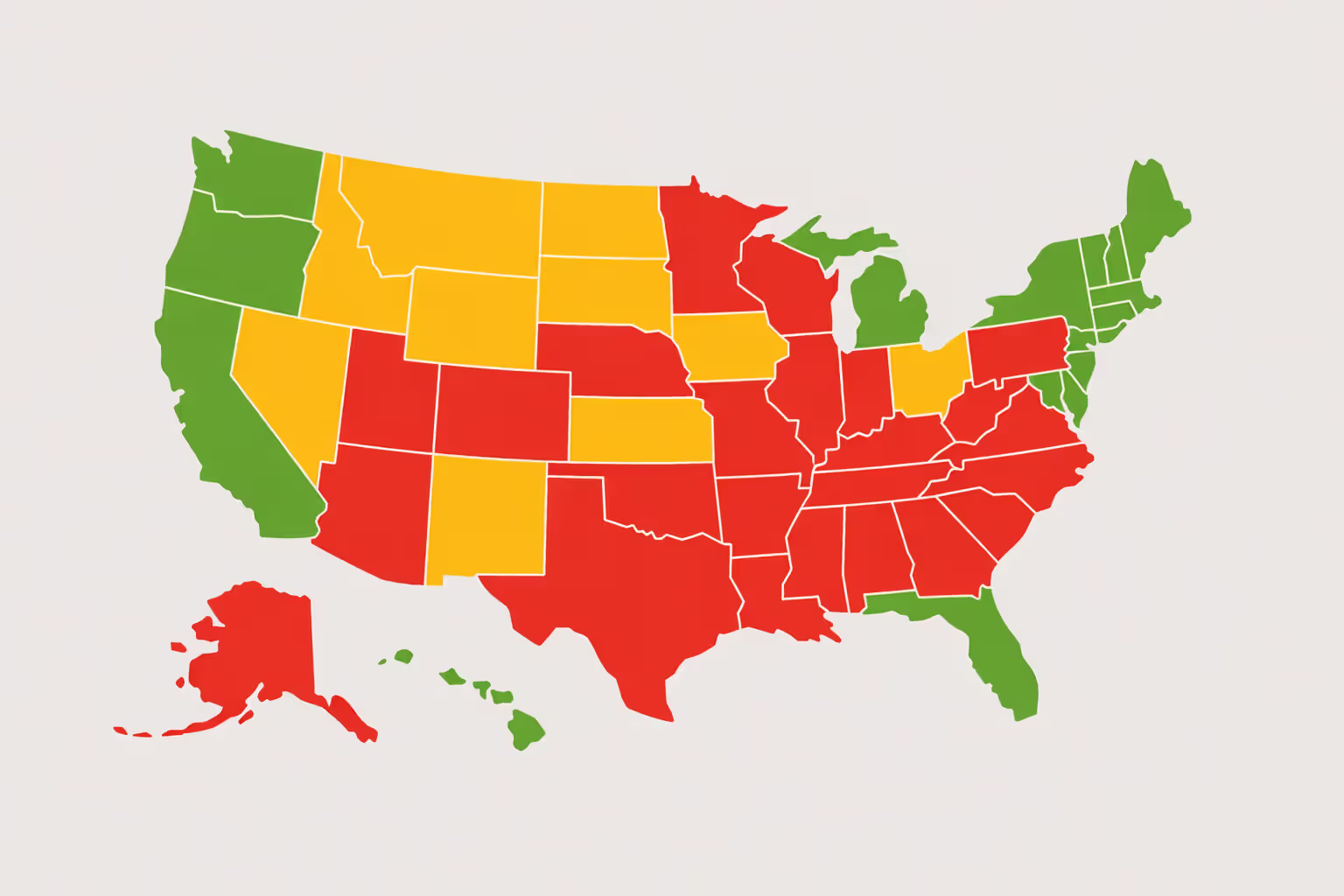 Stylized map of United States with states color-coded in red yellow and green showing varying punitive damage law restrictions by state