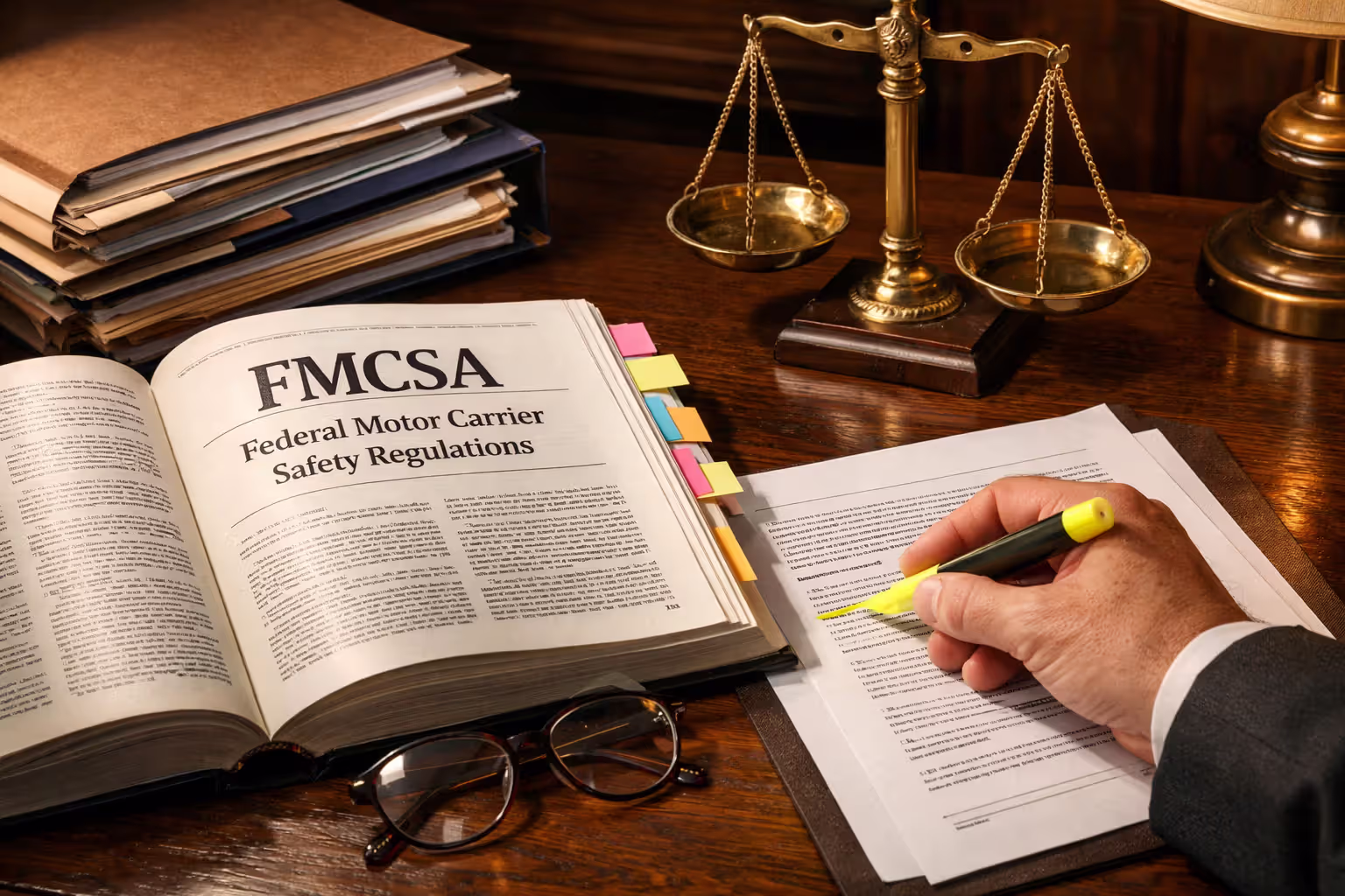 Attorney desk with FMCSA regulation book tablet showing accident reconstruction and legal case folders