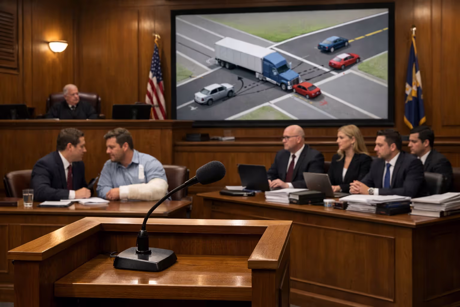 Courtroom trial scene with injured plaintiff and defense attorneys team presenting truck accident reconstruction on screen