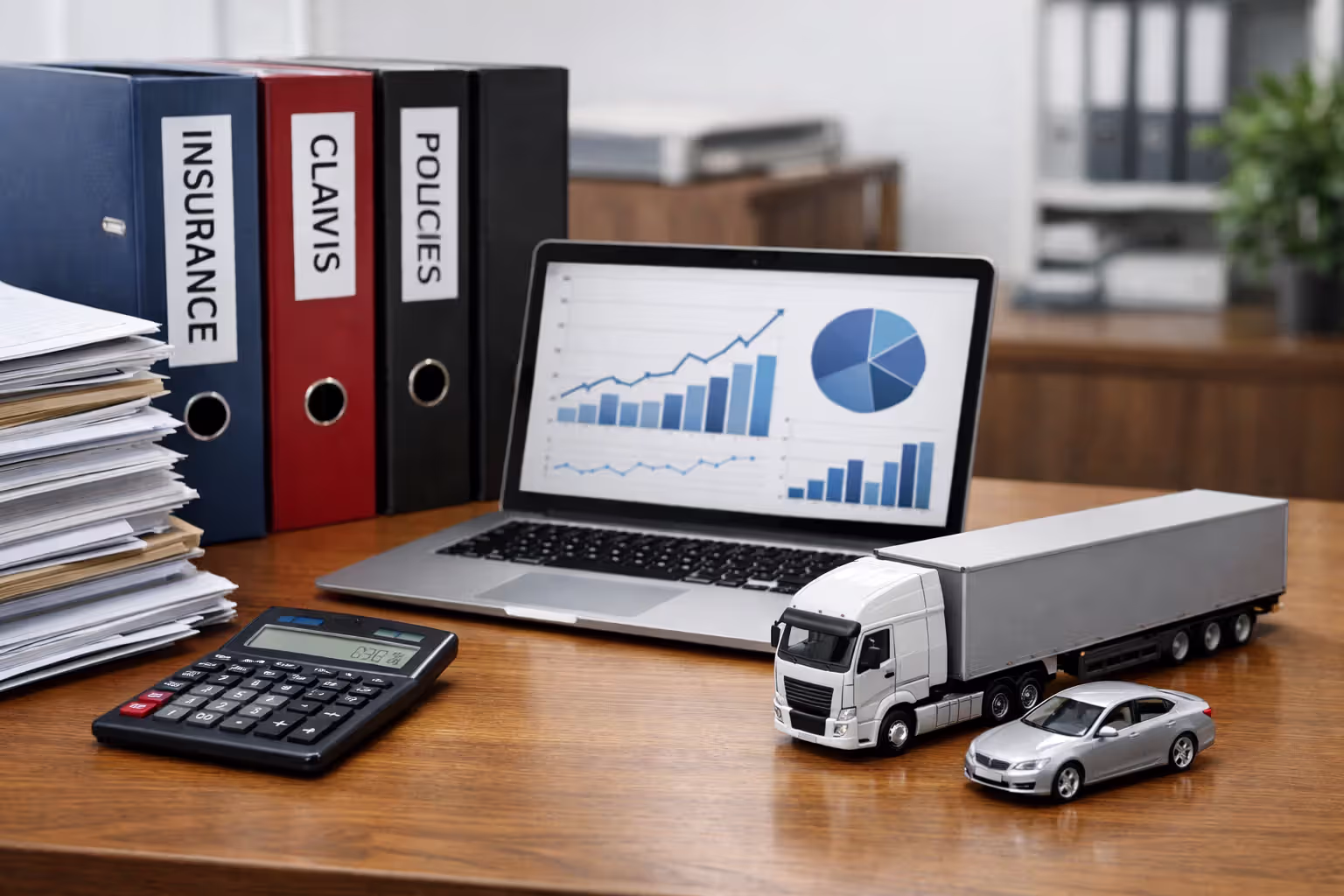 Insurance documents laptop and calculator on office desk with truck and car scale models showing size difference