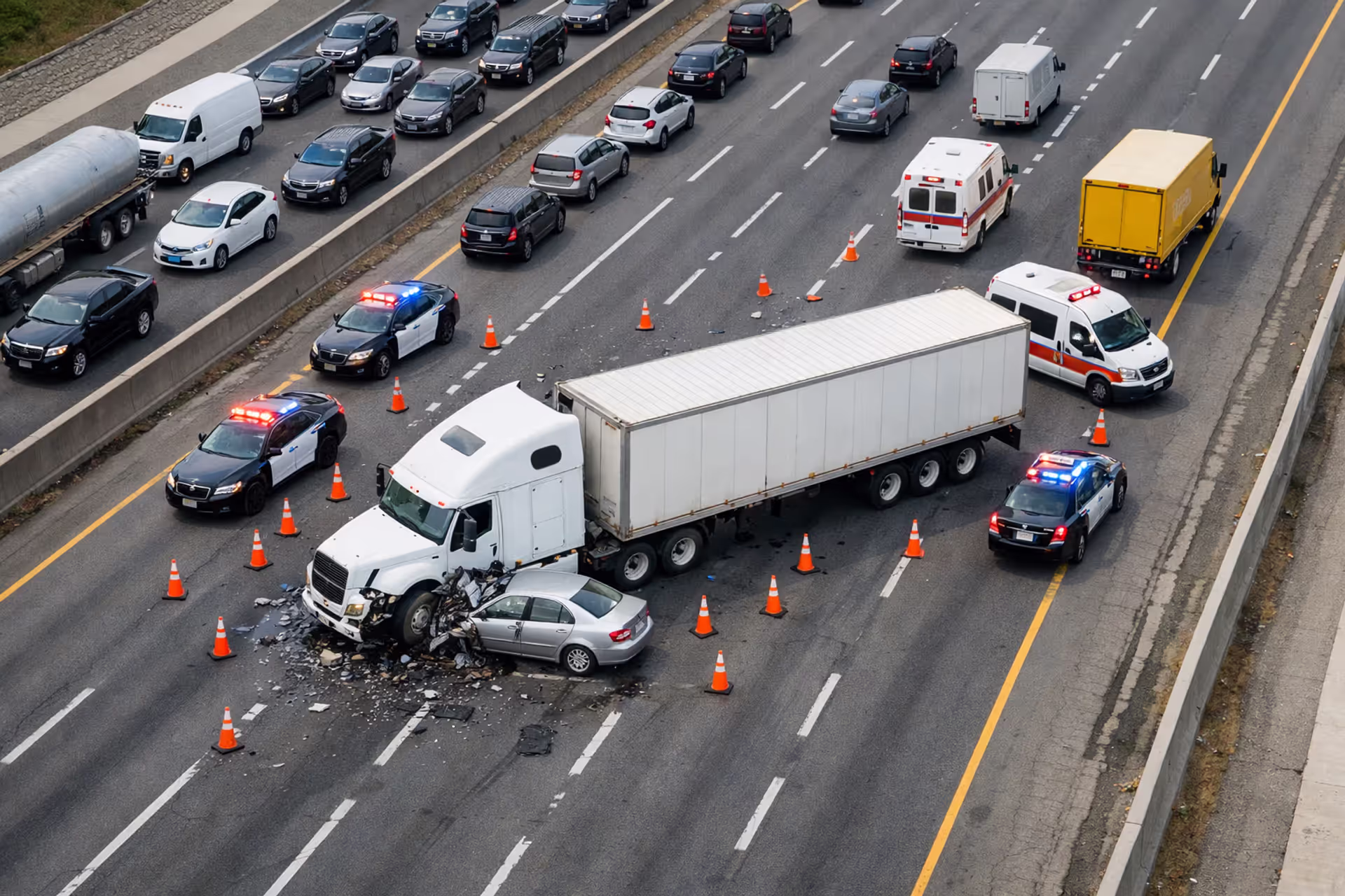 Aerial view of a serious semi-truck and sedan collision on a multi-lane interstate highway with emergency vehicles and traffic backup