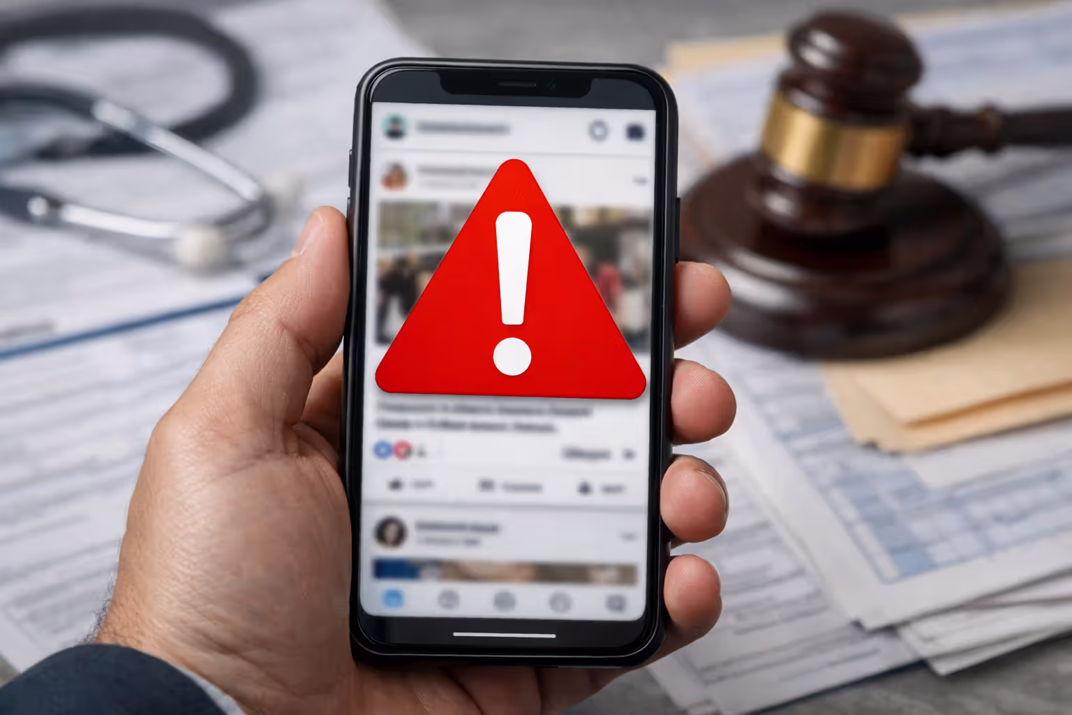 Hand holding smartphone displaying social media feed with red warning sign overlay and blurred medical documents in background representing litigation risks