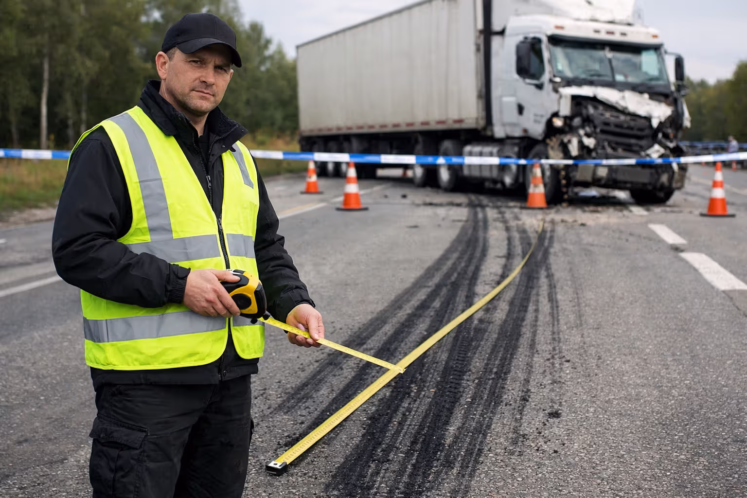 Crash reconstruction specialist measuring skid marks at a commercial truck accident scene with damaged semi-truck in background
