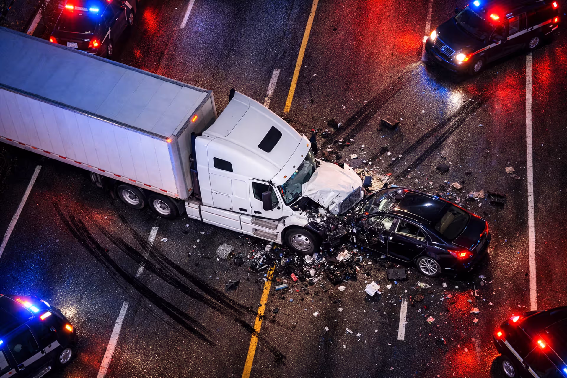 Aerial view of a nighttime highway collision between an 18-wheeler semi-truck and a passenger sedan with emergency lights and skid marks on the road