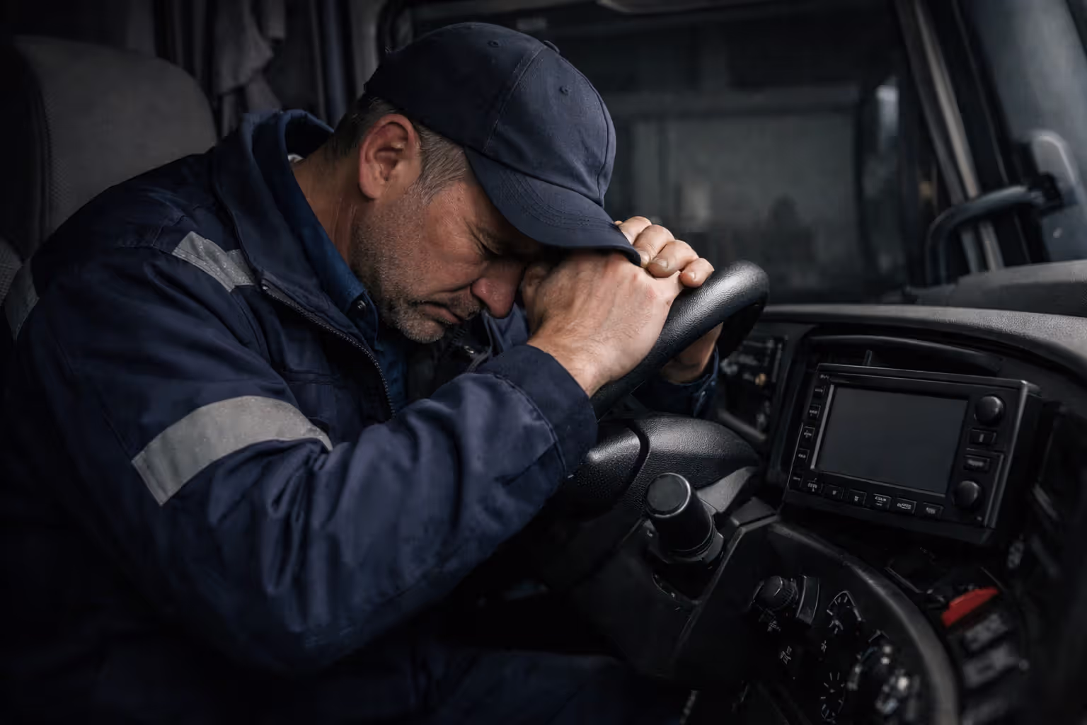 Distressed commercial truck driver sitting alone in cab with hands on steering wheel reflecting career consequences after an accident