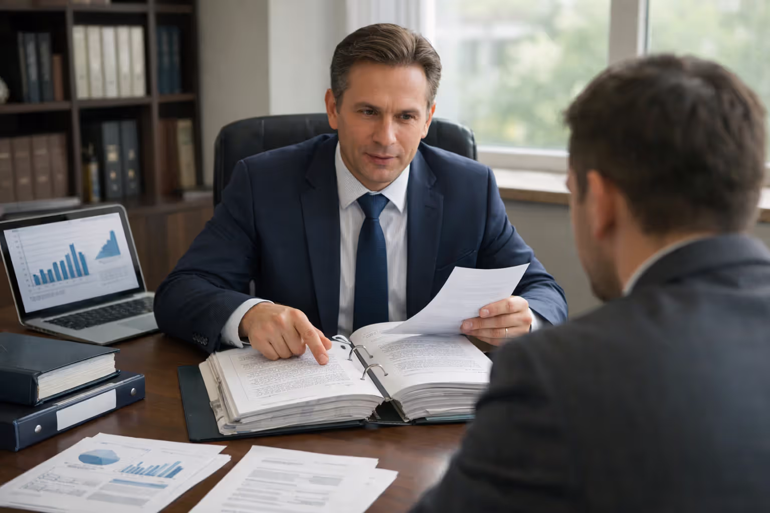 Truck accident attorney reviewing case documents with a client during a consultation in a professional law office