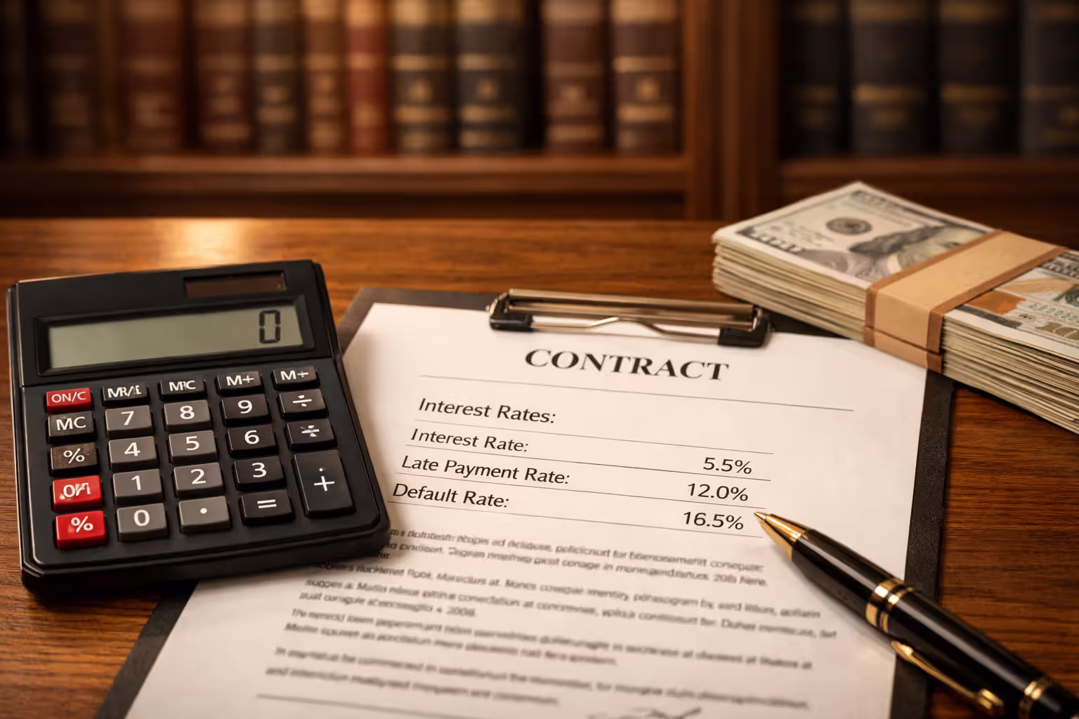 Calculator next to a legal contingency fee agreement with dollar bills and law books in the background