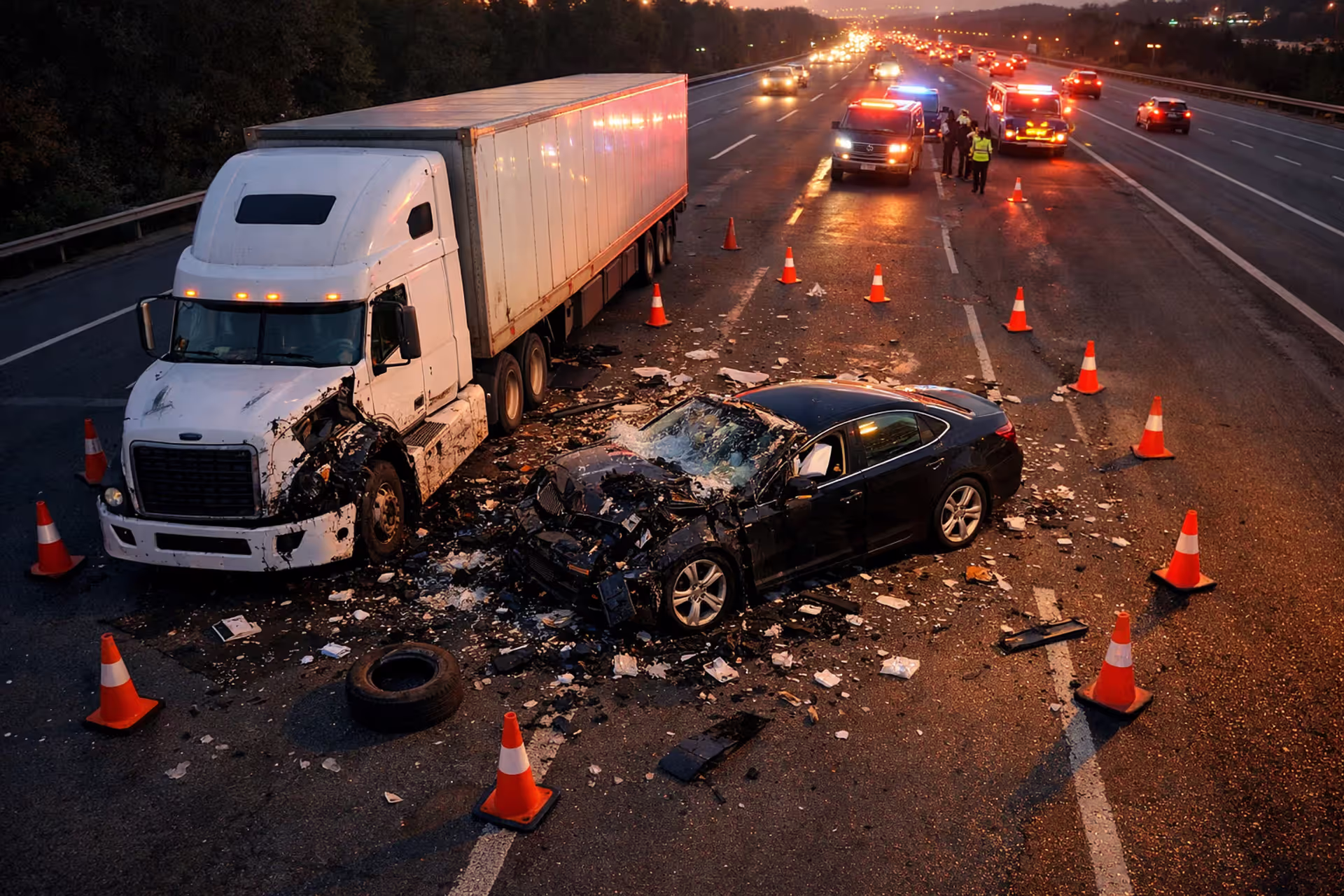 Aerial view of a semi-truck collision with a passenger car on a highway with emergency lights and debris on the road