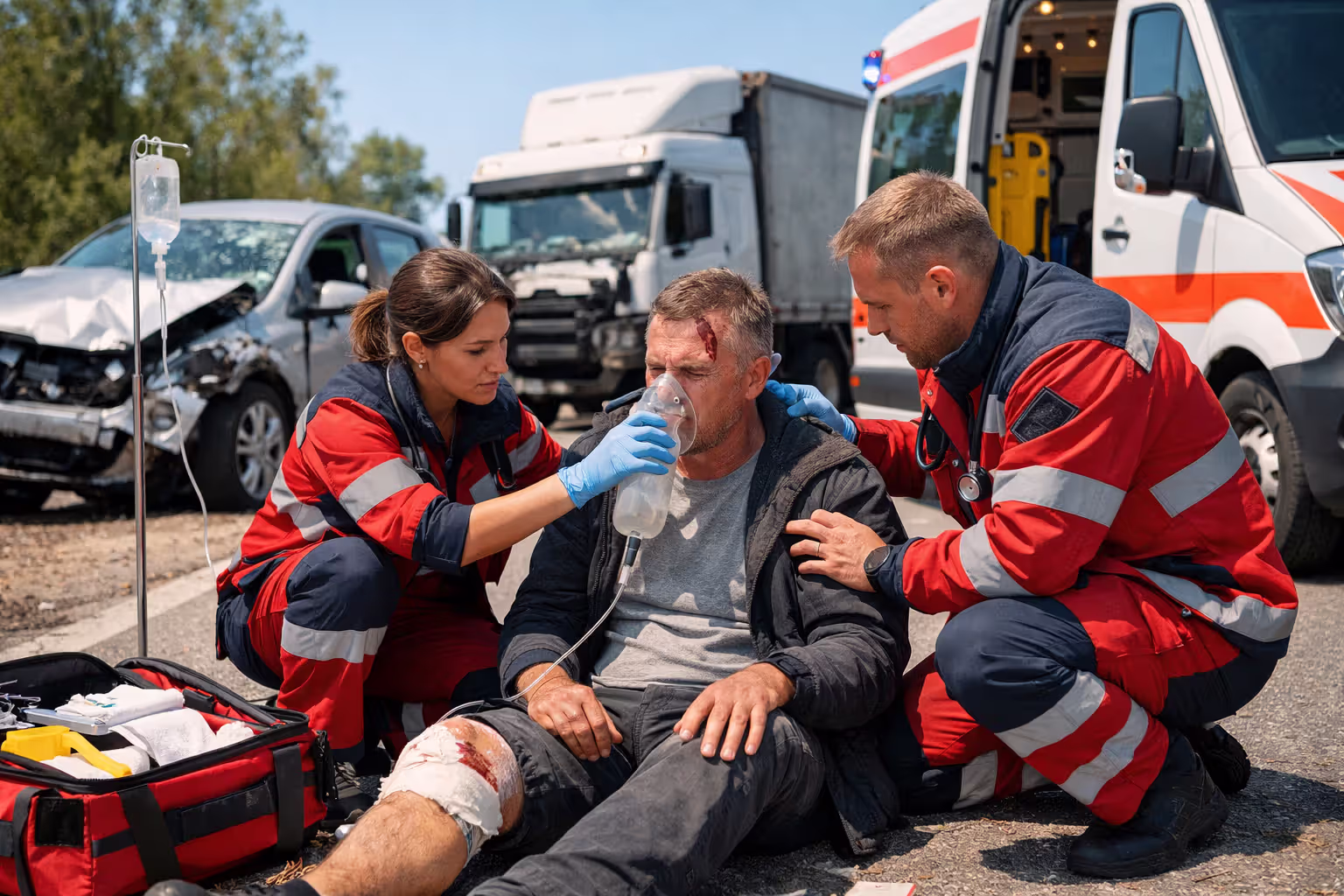 Paramedics providing emergency medical care to a truck accident victim beside an ambulance at a roadside crash scene