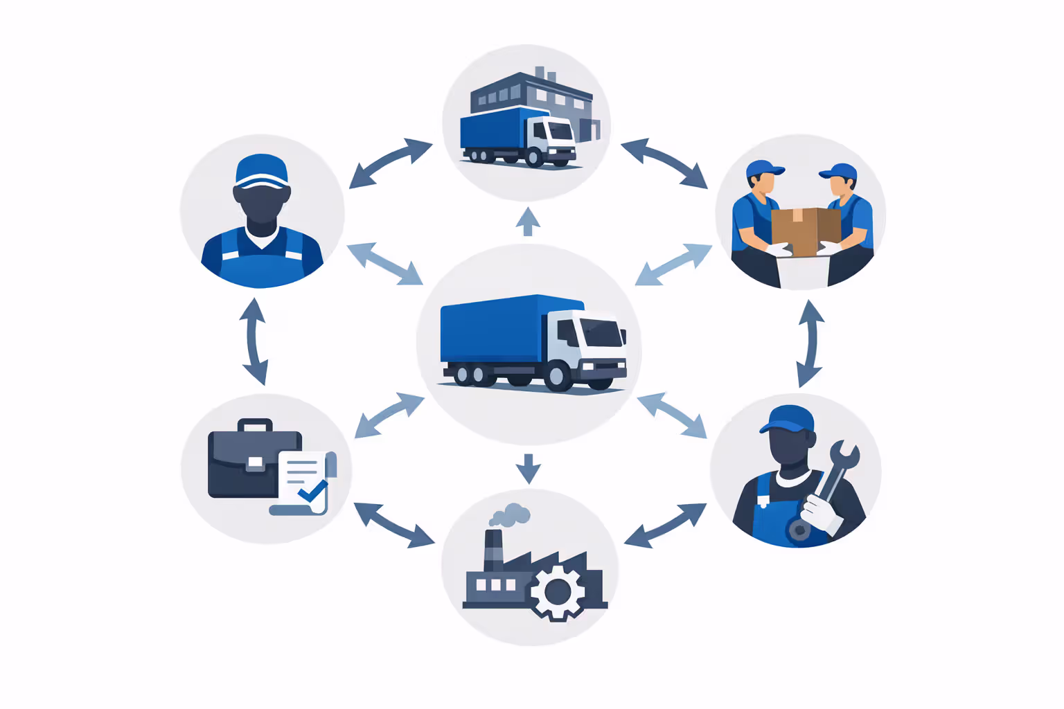 Diagram showing multiple potentially liable parties connected to a commercial truck including driver, trucking company, cargo loader, mechanic, manufacturer, and freight broker