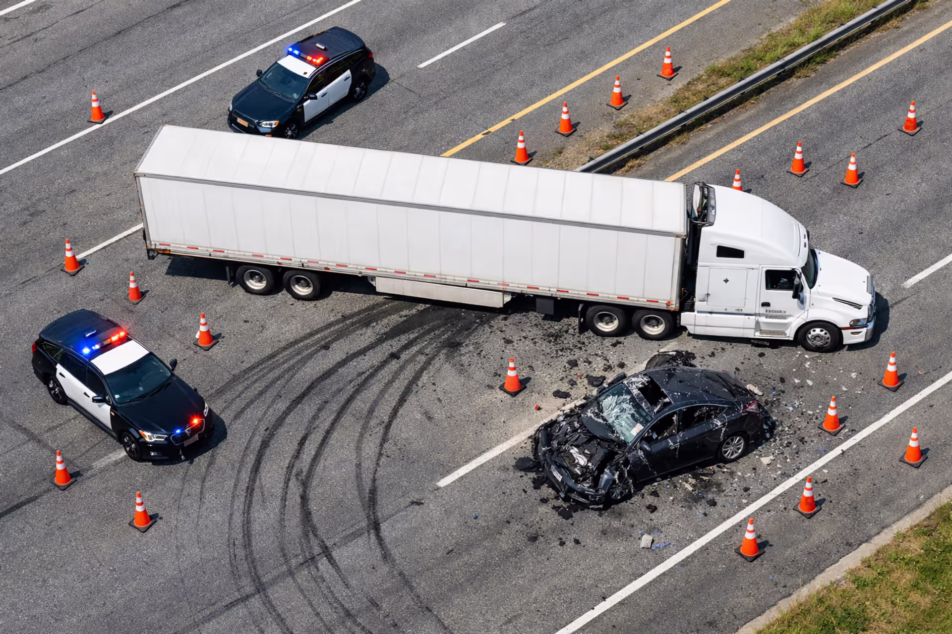 Aerial view of a highway accident scene with a large semi-truck and a damaged passenger car surrounded by emergency vehicles and traffic cones