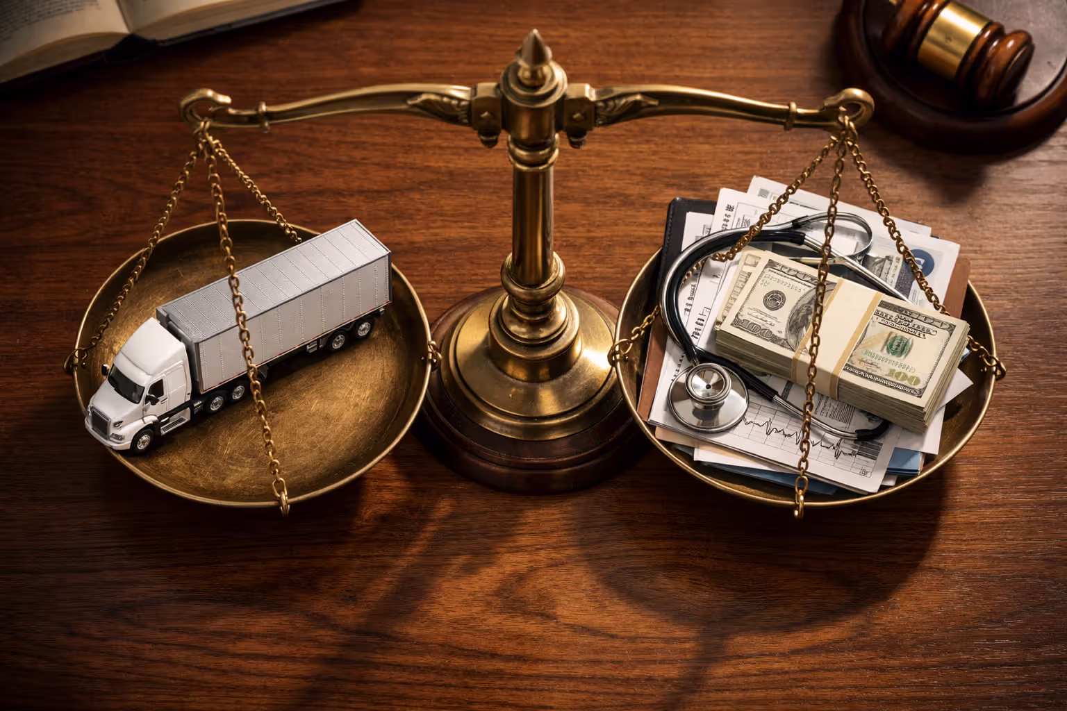 Scales of justice balancing a semi-truck model against money and medical documents on a lawyer desk