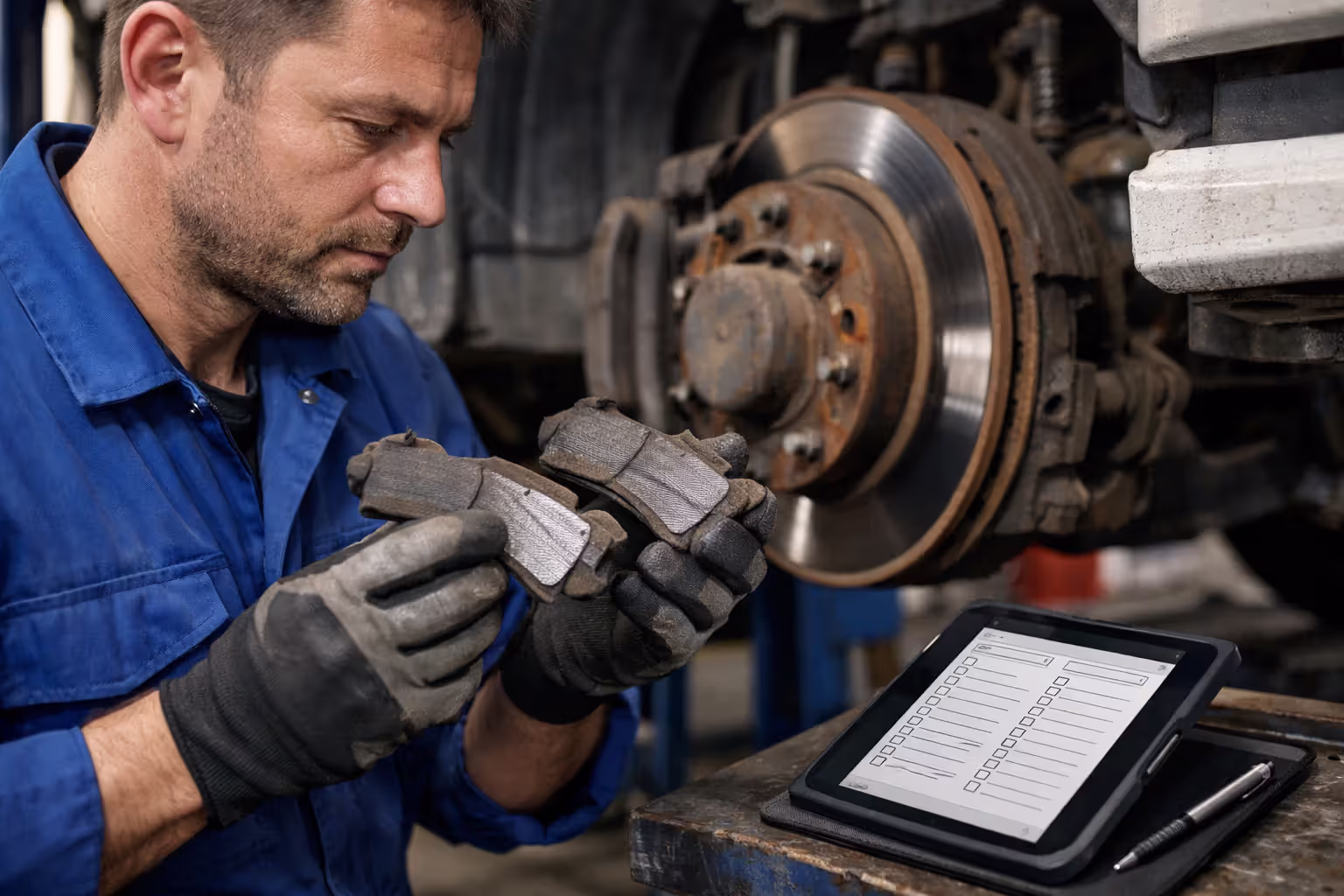 Mechanic inspecting worn brake pads on a commercial truck lifted in a maintenance garage with inspection checklist