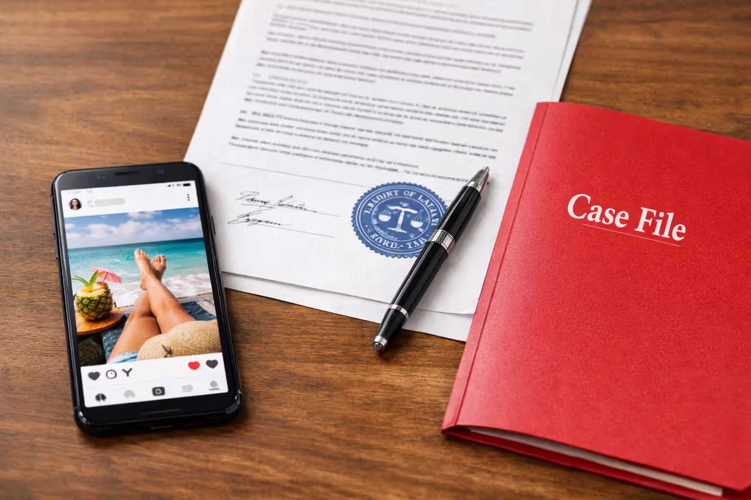 Smartphone showing social media vacation photo next to a court document and case file on a desk